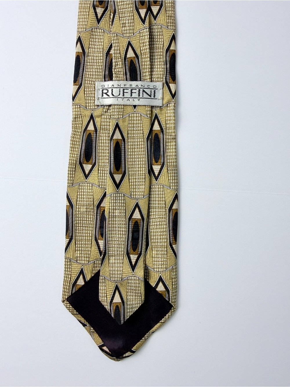 Gianfranco Ruffini Italy Mens Silk Tie Beige Gold Geometric Abstract Pattern